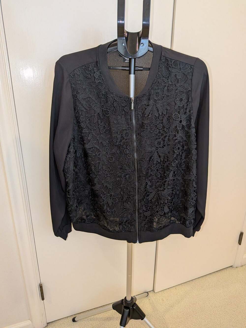 Michel Studio Black Lace Front Zip Bomber Jacket Size US 18